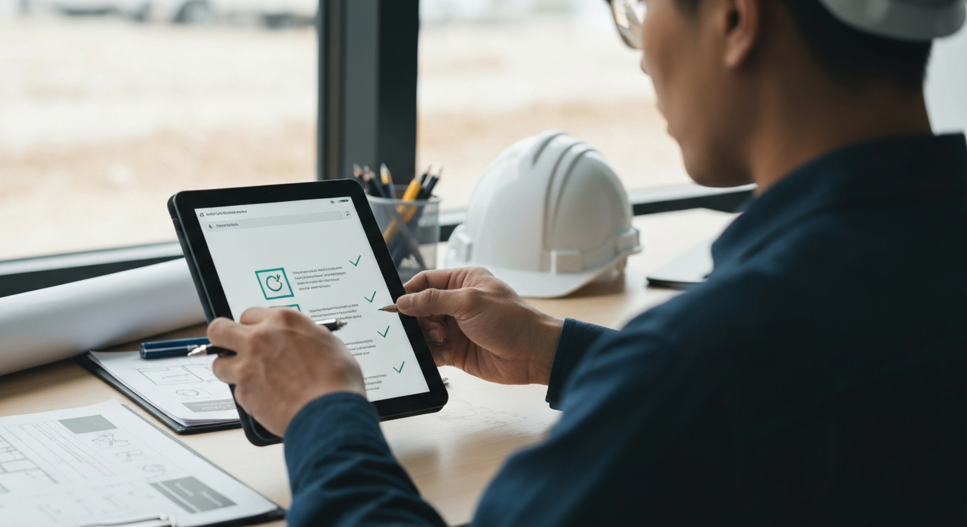 Professionista in un ufficio di cantiere che controlla la documentazione di un appaltatore su un tablet.