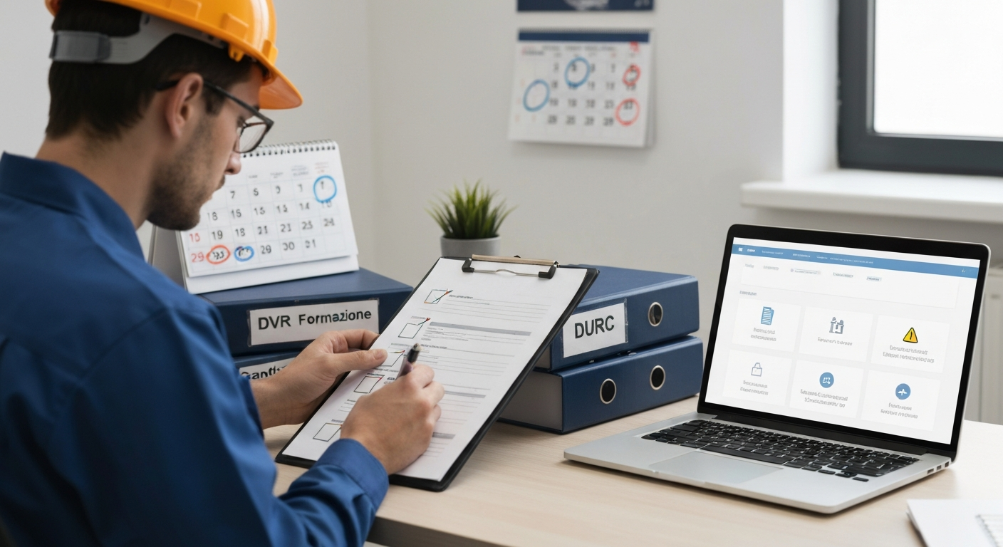 Professionista della sicurezza in ufficio tecnico che controlla una checklist di conformità documentale per la prevenzione delle sanzioni.