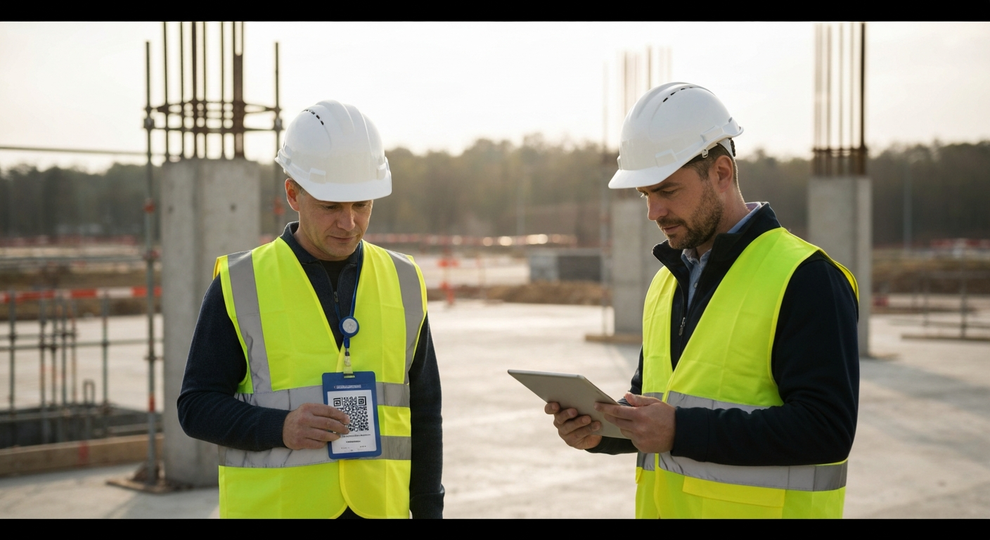 Professionista della sicurezza in cantiere che verifica su un tablet i dati di conformità di un lavoratore.