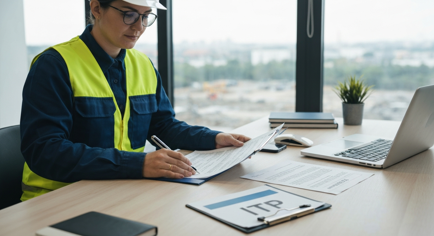 Professionista della sicurezza in un ufficio di cantiere che esamina una checklist di conformità per l'idoneità tecnico professionale.