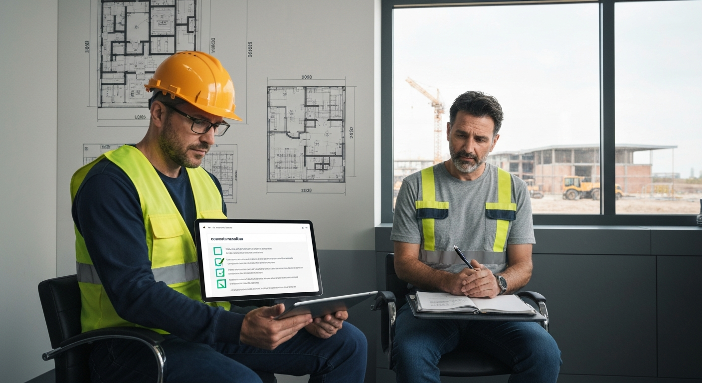 Coordinatore della sicurezza in un ufficio di cantiere mentre controlla la conformità dei documenti su un tablet, simbolo della digitalizzazione e della verifica automatica.