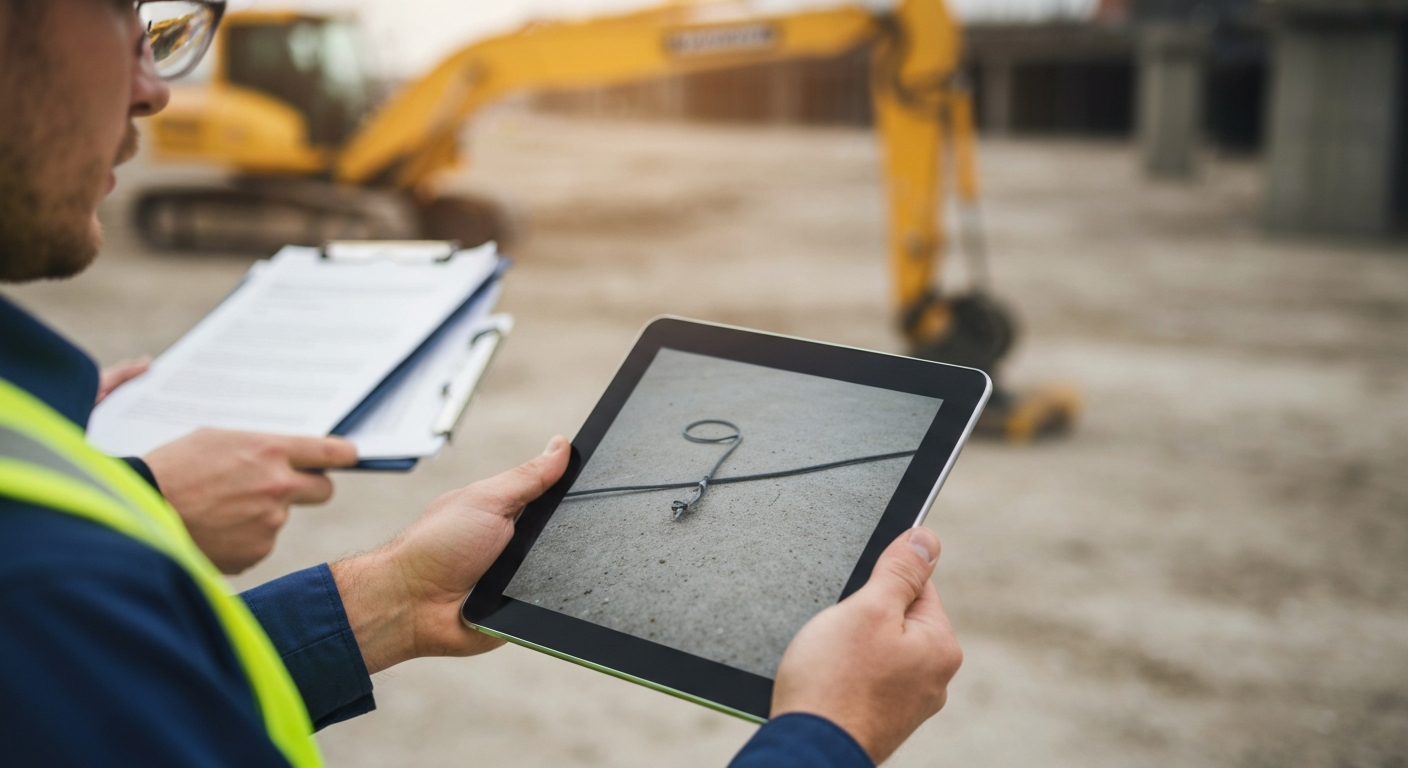 Professionista della sicurezza in cantiere che utilizza un tablet per documentare una criticità, illustrando l'uso della tecnologia per i verbali di sopralluogo.
