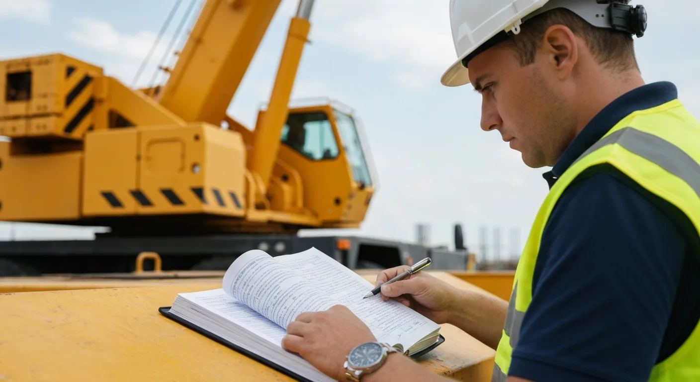 Coordinatore della sicurezza in cantiere controlla attentamente il registro di manutenzione di una gru mobile gialla.