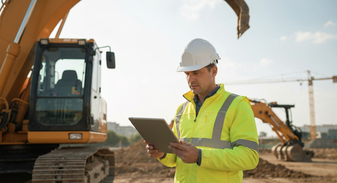 Professionista in cantiere ispeziona un'attrezzatura con un tablet per la gestione documentale.